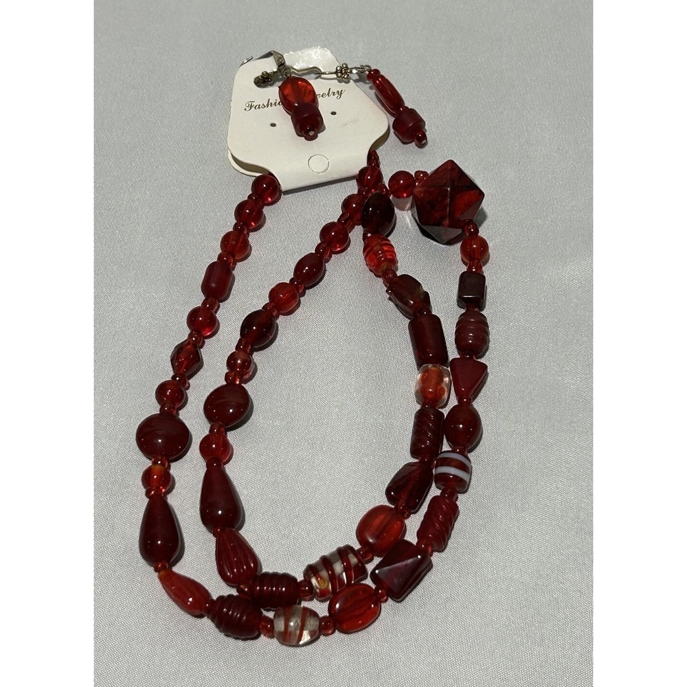 Red burgundy Glass beaded Necklace and Earrings Set Boho‎ Jewelry Statement